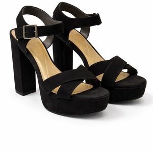 Kenneth Cole Reaction Black Platform Block Heels Sandals 10 Ankle Strap Chunky